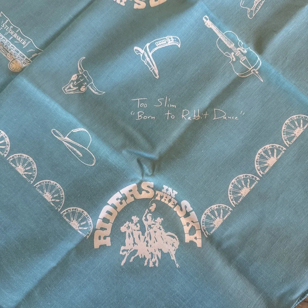 Vtg Riders In The Sky Western Bandana Turquoise White Cowboy Rodeo Handkerchief